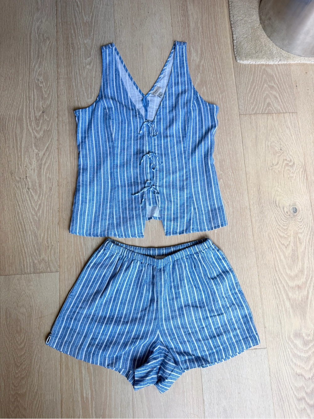 2-Piece Linen Set: Tie V-Neck Blouse & Shorts - A New Day™ Blue/White Striped S